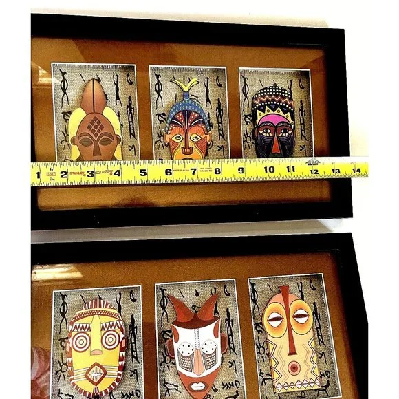 African Primitive Mask Mixed Media 3D Shadow Box 6 Pcs. Set 2 Black Wood Frame